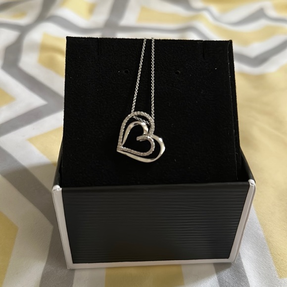 White gold necklace with double heart pendant, diamond pavé accent. - Picture 1 of 3